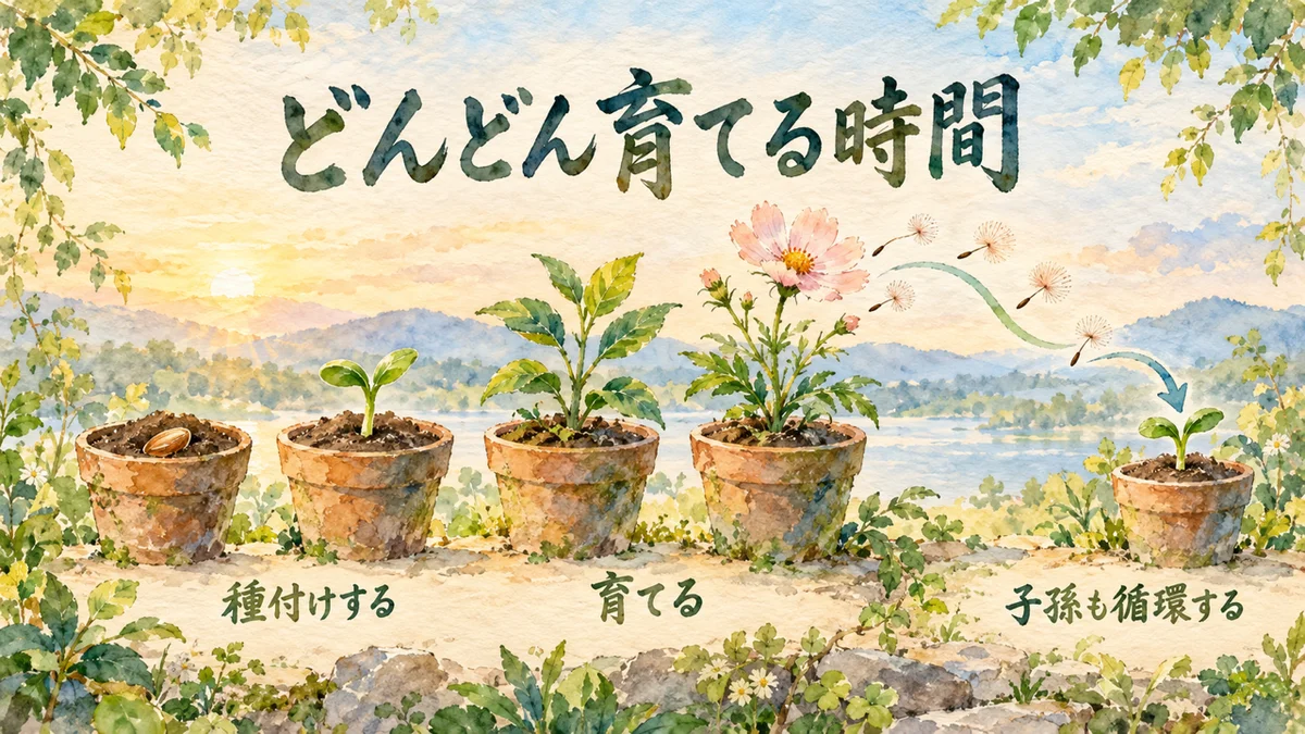 どんどん育てる時間。種、芽、若葉、花と育つ四つの鉢と、花から飛ぶ綿毛が次の小さな芽の鉢へつながる水彩のイラスト