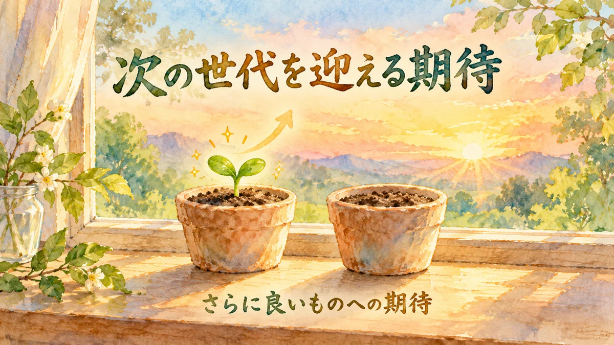 次の世代を迎える期待。朝日が差す窓辺に、双葉が出た鉢と土だけの鉢が並ぶ水彩のイラスト