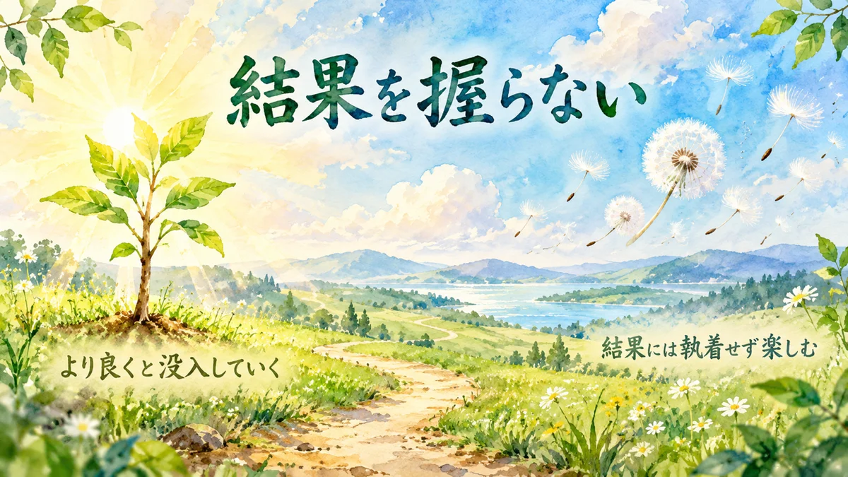 結果を握らない。光へ伸びる若木と、風に舞う綿毛が一本の道でつながる水彩のイラスト