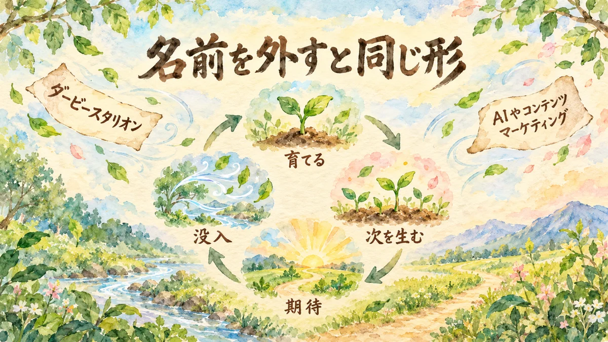 名前を外すと同じ形。育てる、次を生む、期待、没入の四つの場面が輪になり、二枚の名前札がはがれて飛んでいく水彩のイラスト