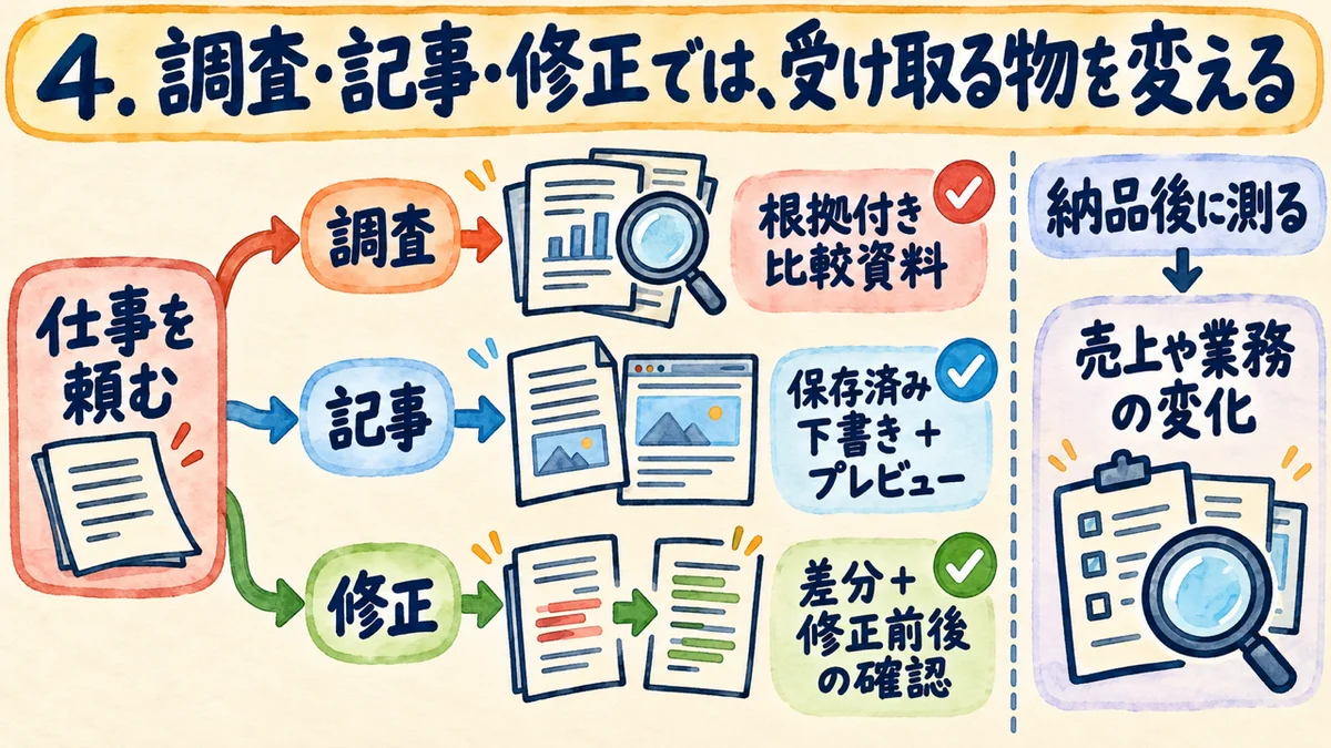 4.調査・記事・修正では、受け取る物を変える