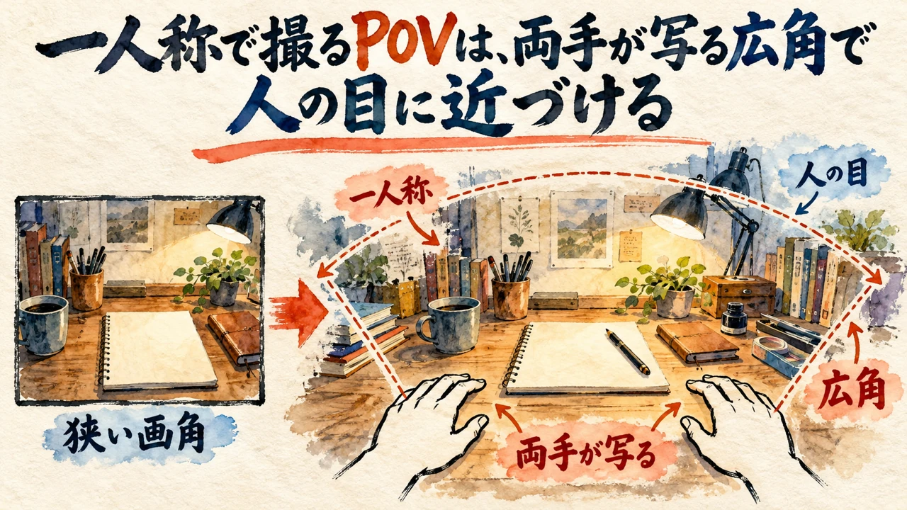 一人称で撮るPOVは、両手が写る広角で人の目に近づける