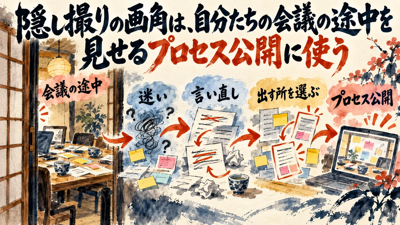 隠し撮りの画角は、自分たちの会議の途中を見せるプロセス公開に使う