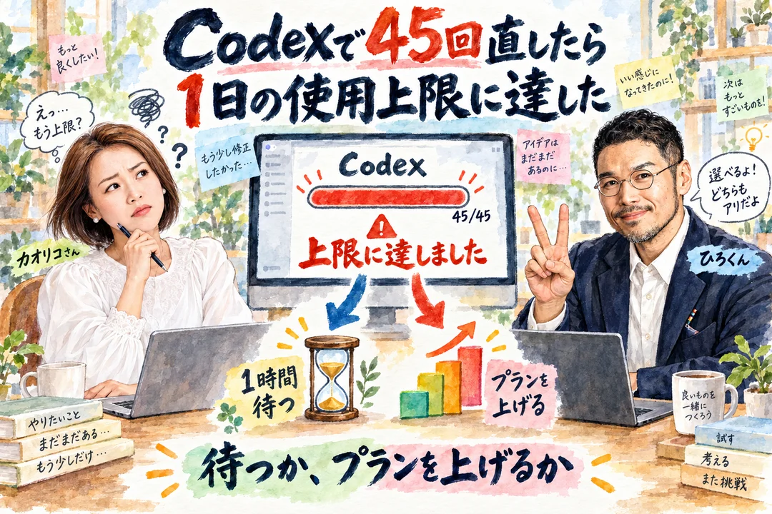 Codexで45回直したら1日の使用上限に達した｜待つか、プランを上げるかを話すカオリコさんとひろくん