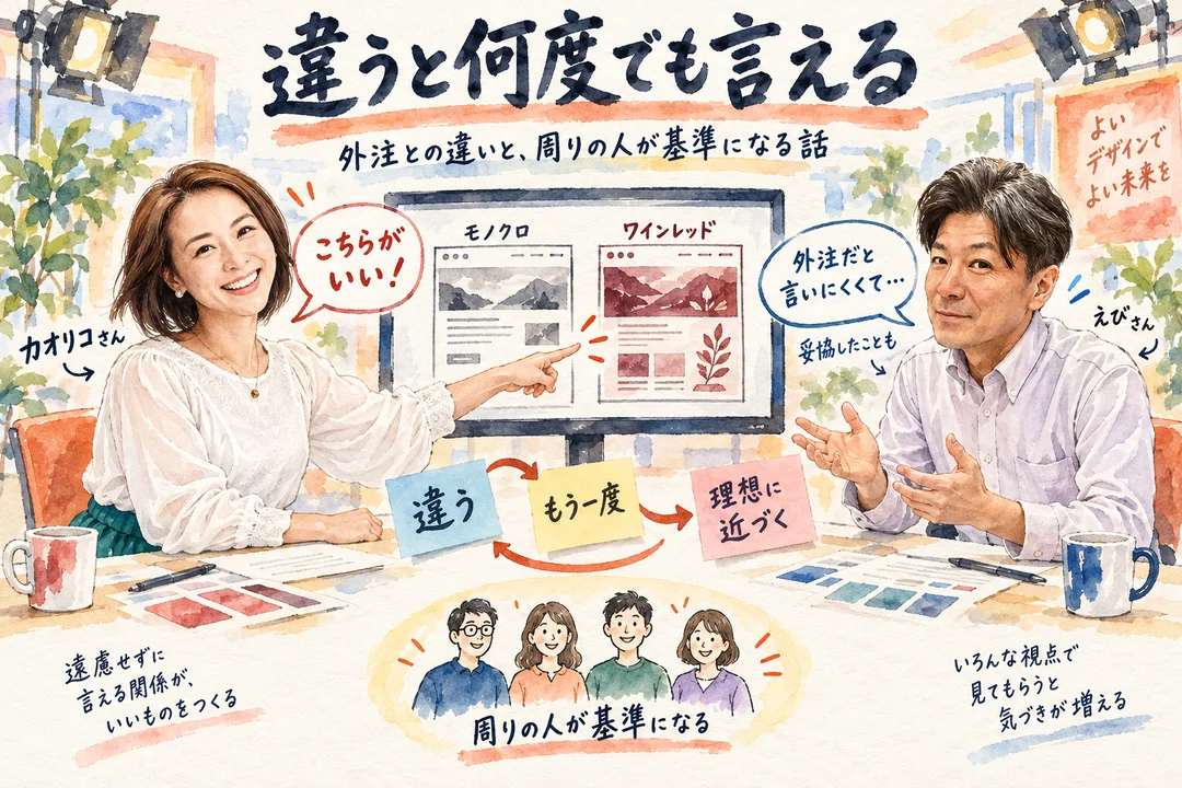 違うと何度でも言える｜モノクロとワインレッドの2案を見比べるカオリコさんと、外注の言いにくさを話すえびさん