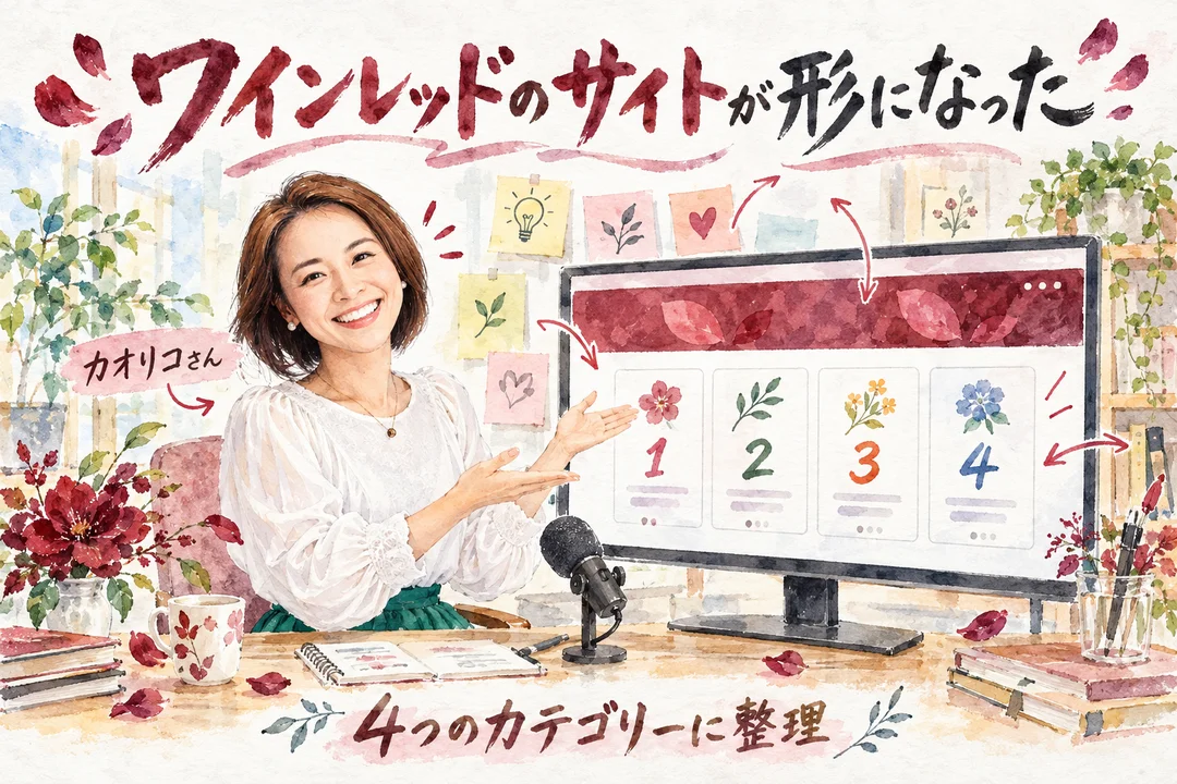 ワインレッドのサイトが形になった｜4つのカテゴリーに整理されたポータルサイトを見せるカオリコさん