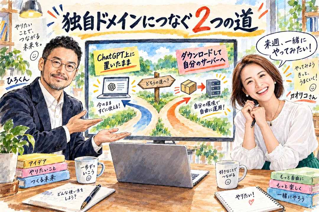 独自ドメインにつなぐ2つの道｜ChatGPT上に置いたままにする道と、ダウンロードして自分のサーバーへ上げる道