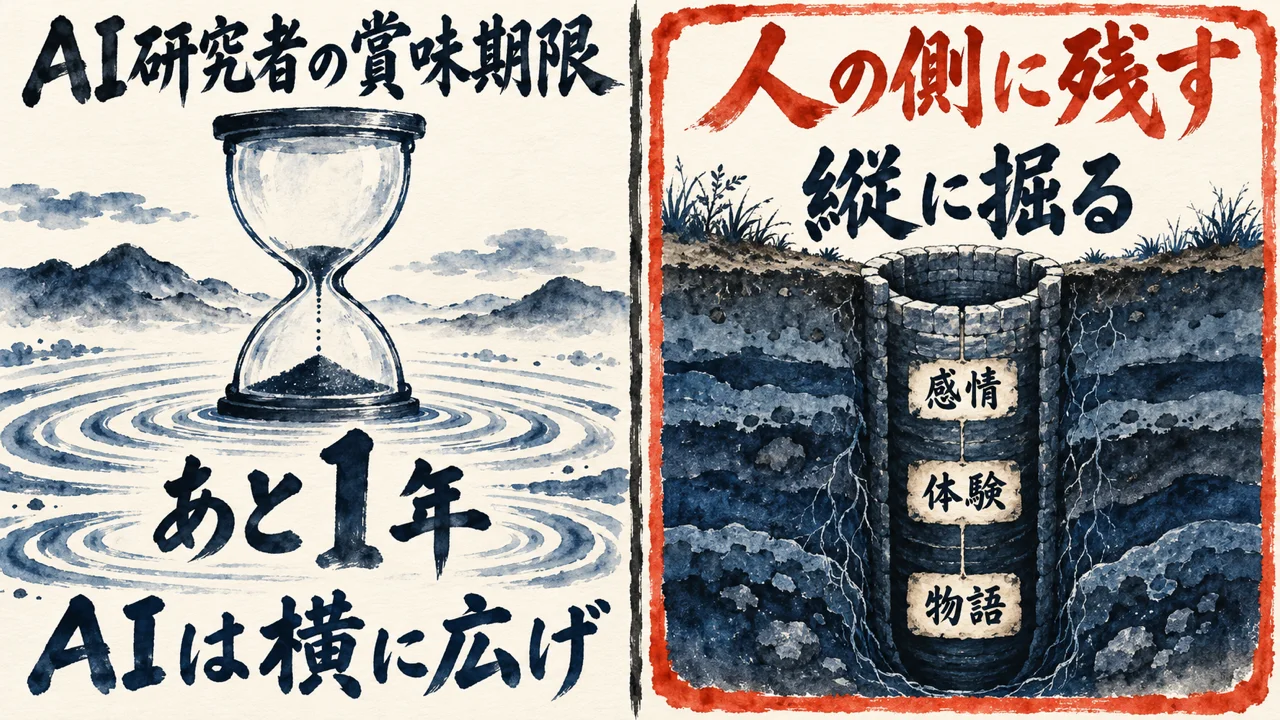 左にAI研究者の賞味期限として砂時計とあと1年、AIは横に広げ。右に人の側に残す物として、感情・体験・物語を縦に掘る井戸を描いた対比の図解