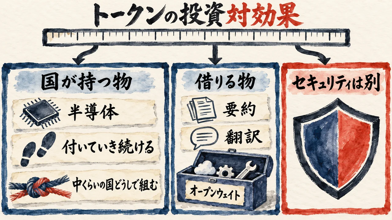 トークンの投資対効果の物差しで、国が持つ物（半導体・付いていき続ける・中くらいの国どうしで組む）、借りる物（要約・翻訳・オープンウェイト）に分け、セキュリティは別として盾を描いた図解