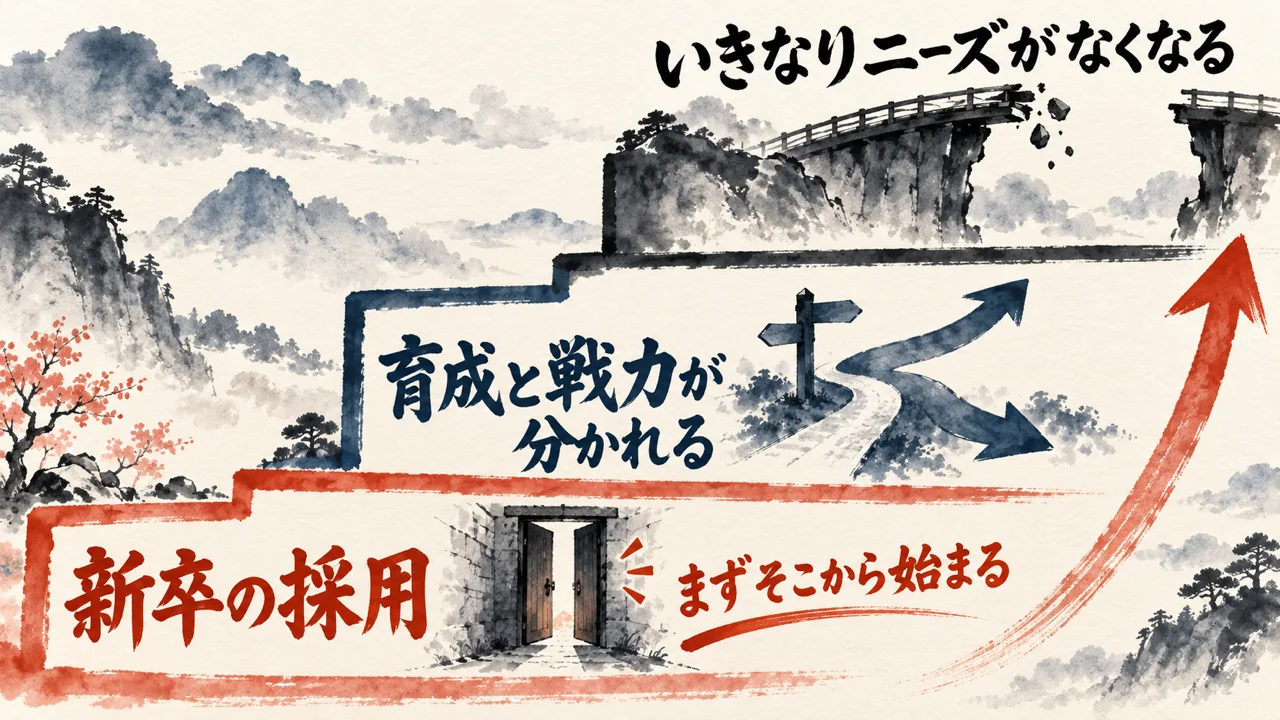 一番下の段の新卒の採用からまずそこから始まり、育成と戦力が分かれる、いきなりニーズがなくなる、と下から上へ積み上がる3段の階段の図解