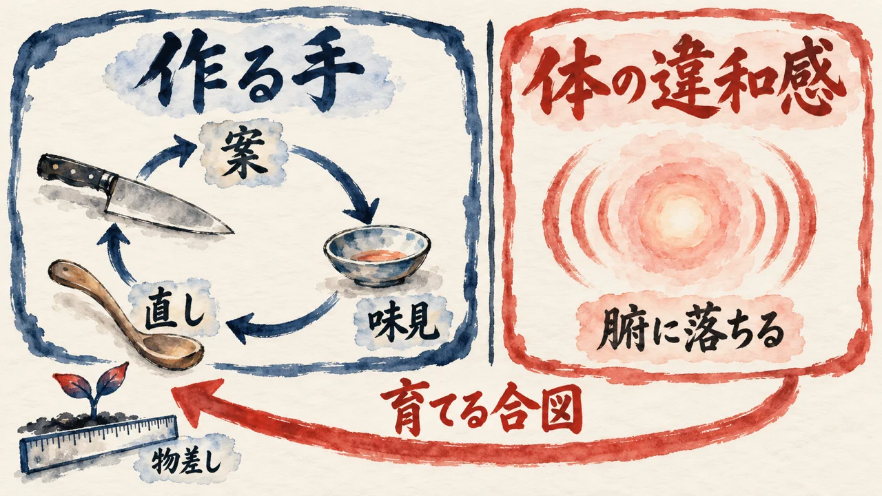 左の作る手の枠の中で、案・味見・直しの輪が包丁と小皿とさじのまわりを回り、右の体の違和感の枠に腑に落ちるの光の印。右から左へ朱色の育てる合図の矢印が戻り、物差しの芽が育つ図解