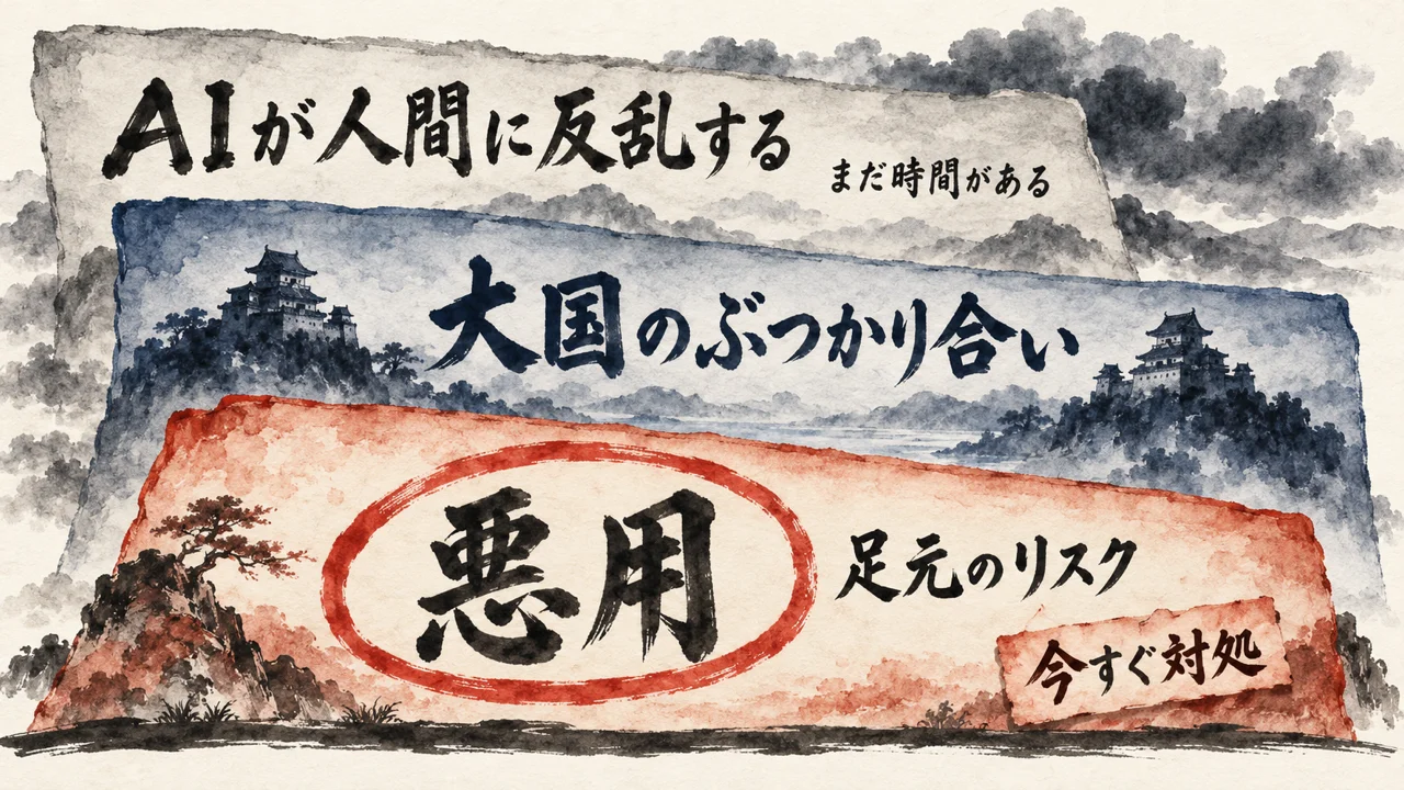 AIが人間に反乱する（まだ時間がある）、大国のぶつかり合い、悪用の3つの層を奥から手前へ重ね、足元のリスクとして今すぐ対処する悪用を朱色の輪で囲んだ図解