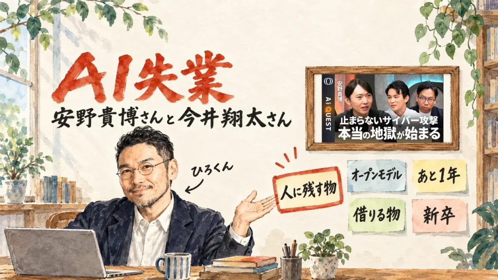 AI失業、安野貴博さんと今井翔太さん。ひろくんが、オープンモデル・あと1年・借りる物・新卒の付箋と、人に残す物の付箋を手で示すアイキャッチ。壁に動画のサムネイル