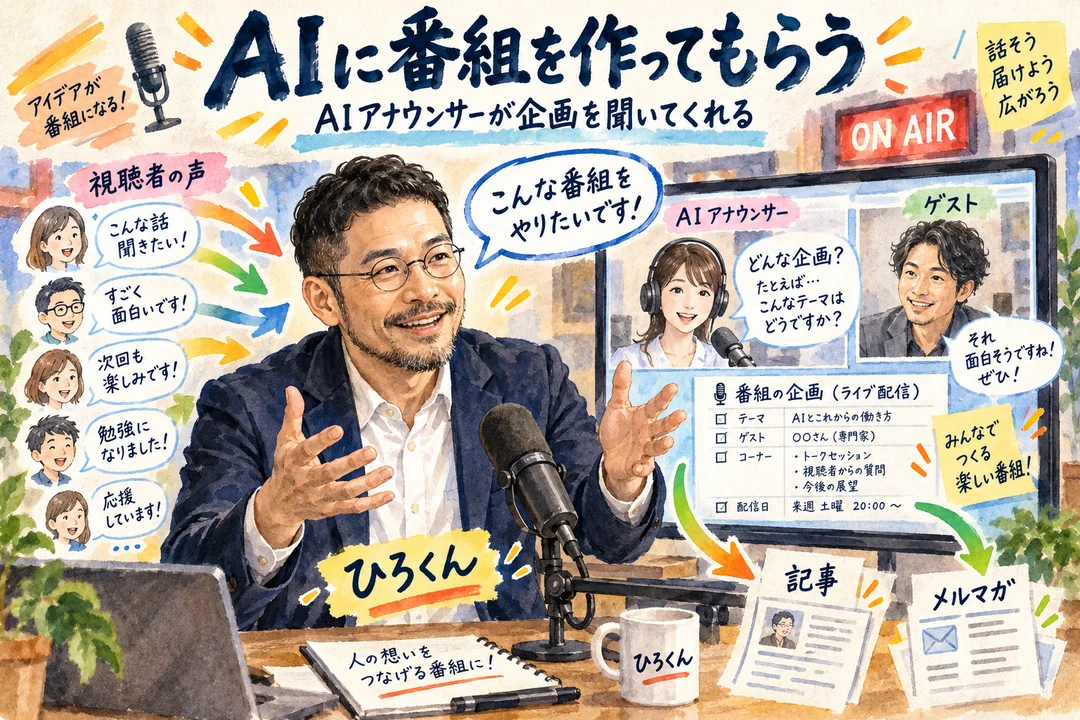 AIアナウンサーが企画を聞いてくれる番組づくりアプリ｜ゲストの意見に答えて考えを言葉にするひろくん