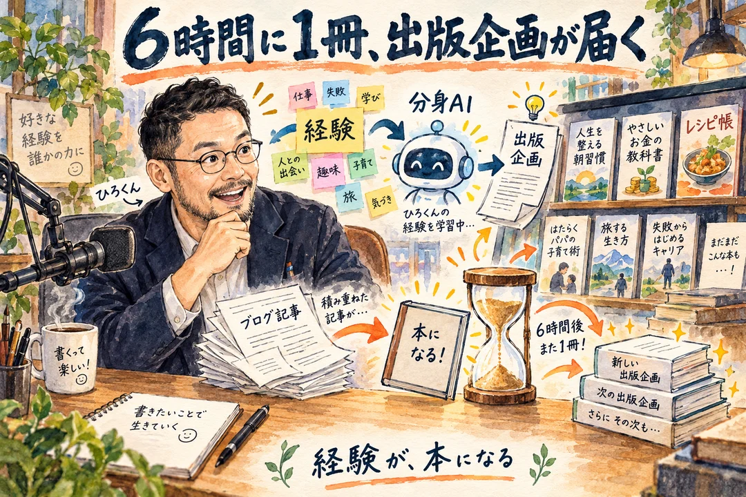 引き出した経験を分身AIに入れると6時間に1冊の出版企画が届く｜並んだ本の企画に驚くひろくん