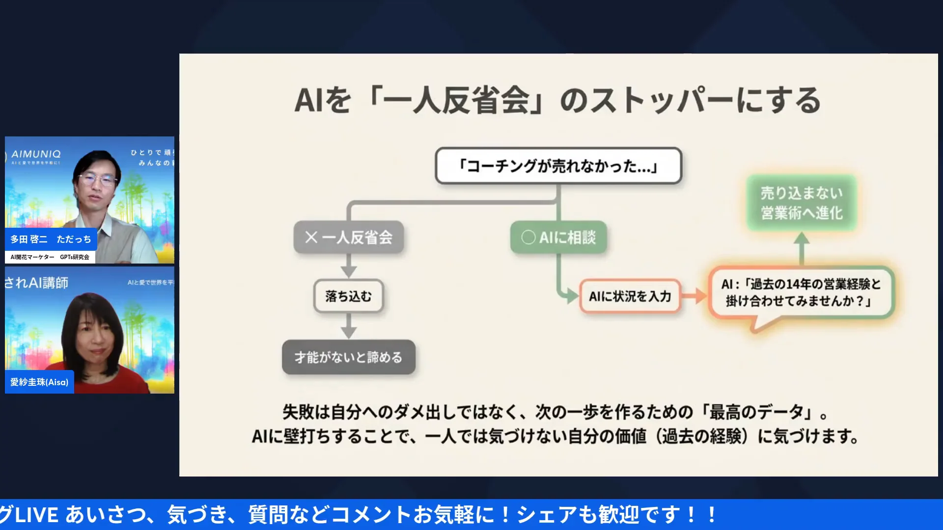 LIVE配信スクリーンショット|違い② 失敗を自分の価値の否定にする人と、次の改善データにする人