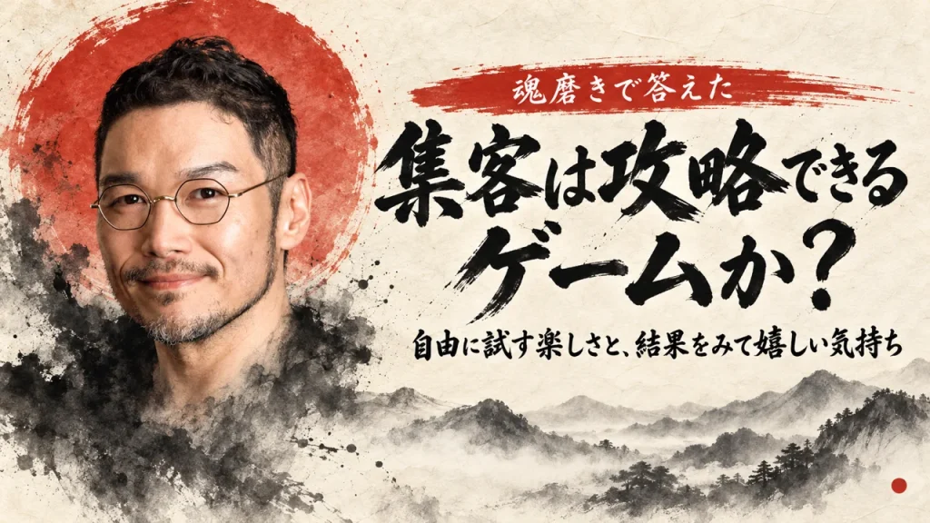 霧とにじんだ墨の中から私の顔と首が現れ、朱色の大きな日の丸を背に、右に筆文字で「集客は攻略できるゲームか？」、その下に「自由に試す楽しさと、結果をみて嬉しい気持ち」と書かれたアイキャッチ画像（AI生成。実際の服装や場面を示すものではありません）。上の帯は「魂磨きで答えた」
