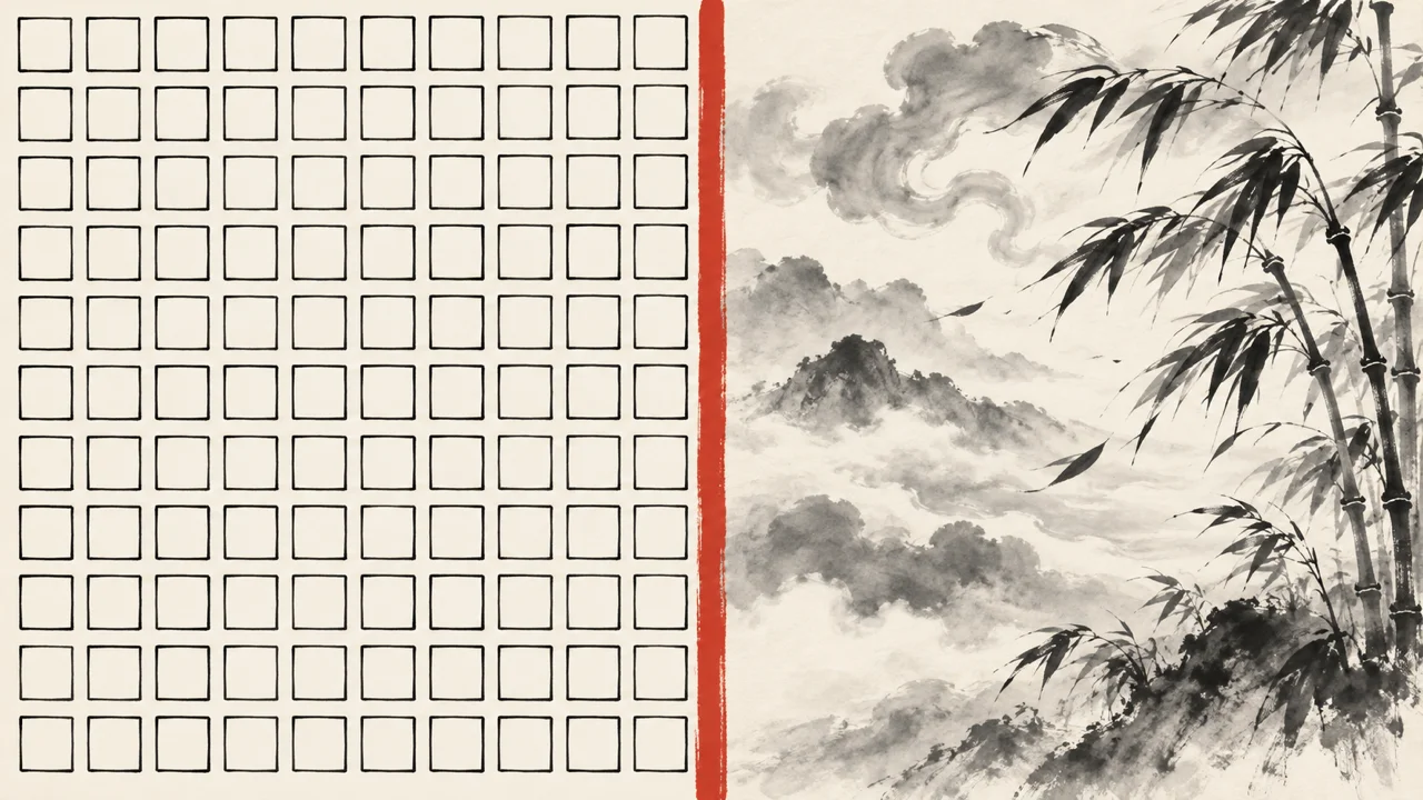 和紙を縦に分け、左は同じ大きさの四角い升目が整列し、右は竹と雲ののびやかな墨の広がり、境目に朱色の太い縦線が一本引かれたイメージ図（AI生成の墨絵風）