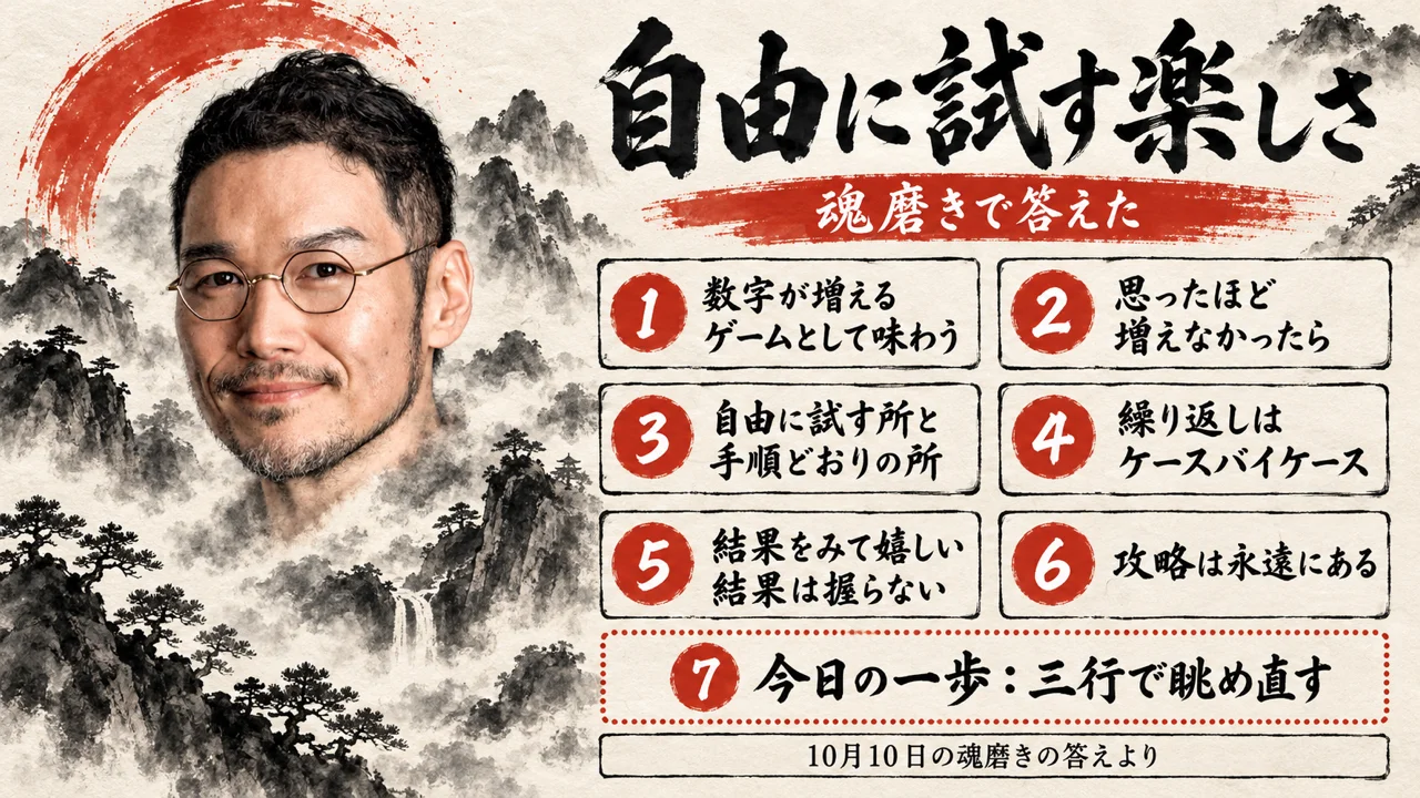 霧の山並みの中に私の顔と首が現れ、右に記事の7章を番号付きのカードで並べた整理図（AI生成。実際の服装や場面を示すものではありません）。題は「自由に試す楽しさ」「魂磨きで答えた」。カードは「数字が増えるゲームとして味わう」「思ったほど増えなかったら」「自由に試す所と手順どおりの所」「繰り返しはケースバイケース」「結果をみて嬉しい 結果は握らない」「攻略は永遠にある」「今日の一歩：三行で眺め直す」の順で、下の帯は「10月10日の魂磨きの答えより」