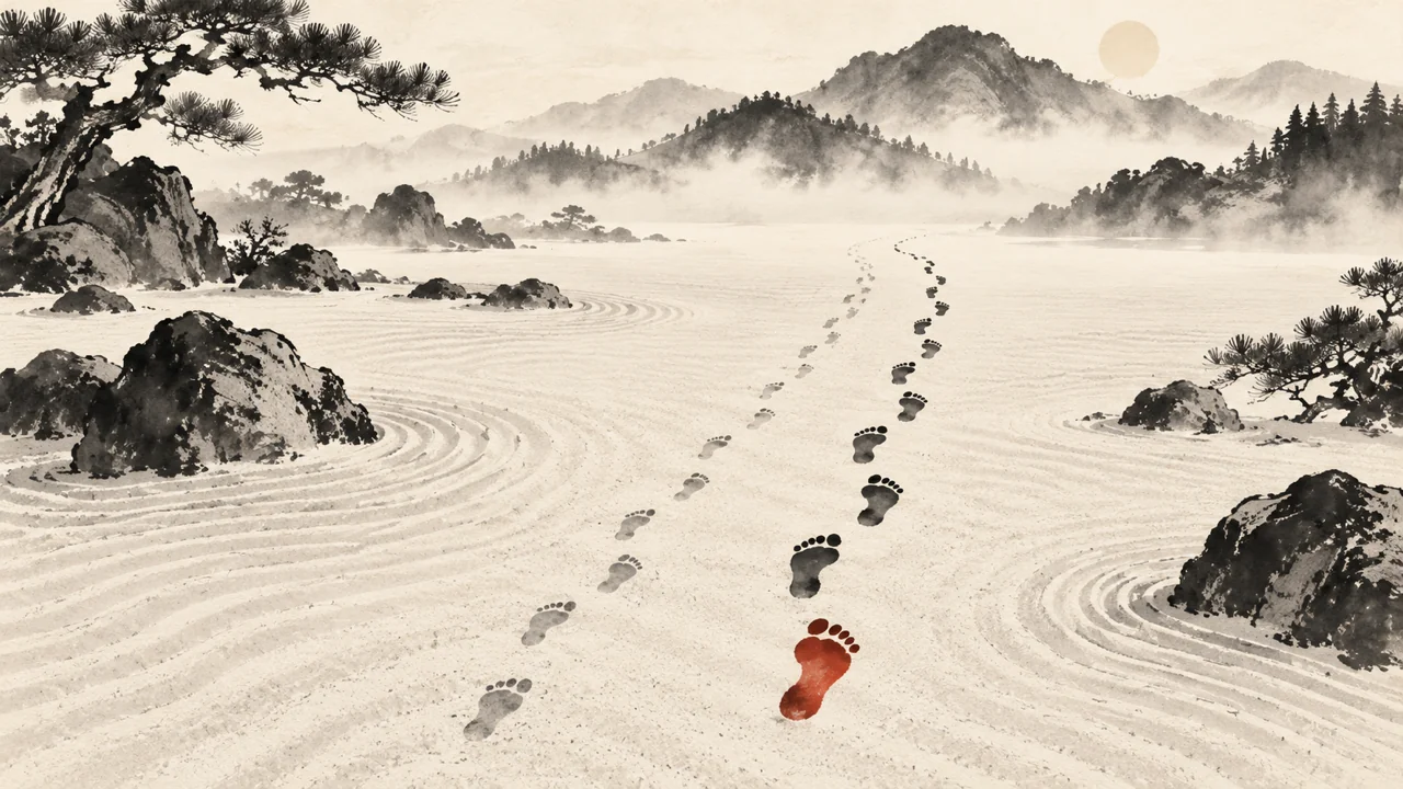 霧の立つ砂の庭に、淡く歩幅の小さい足あとと、濃く歩幅の大きい足あとが並んで奥へ続き、手前の一つだけが朱色のイメージ図（AI生成の墨絵風）