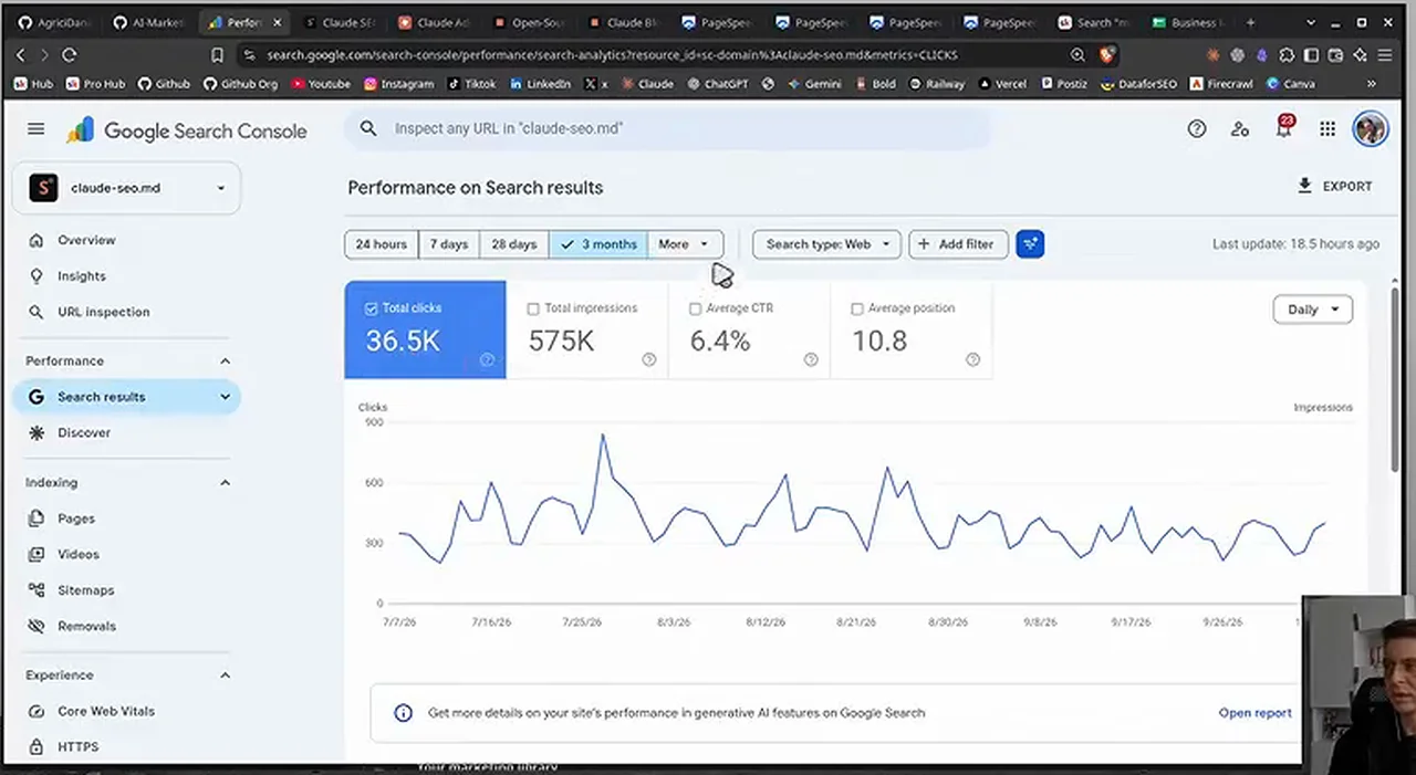 動画キャプチャ: Search Consoleで、直近3か月のクリック数36.5K、表示575Kの成績を見せる画面（2:55頃）