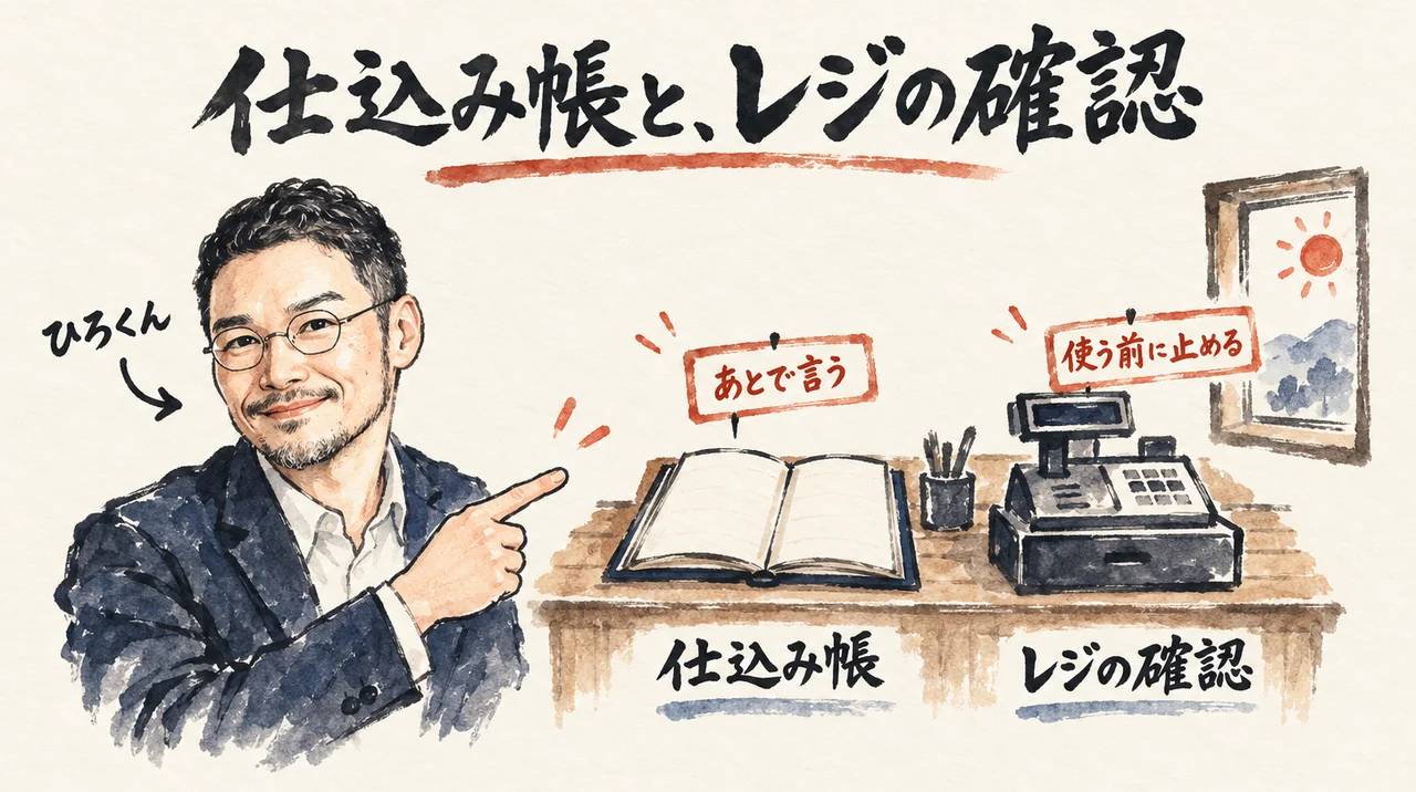 ひろくんが、帳面「仕込み帳」とレジ「レジの確認」のあるカウンターを指す図解。帳面は「あとで言う」、レジは「使う前に止める」