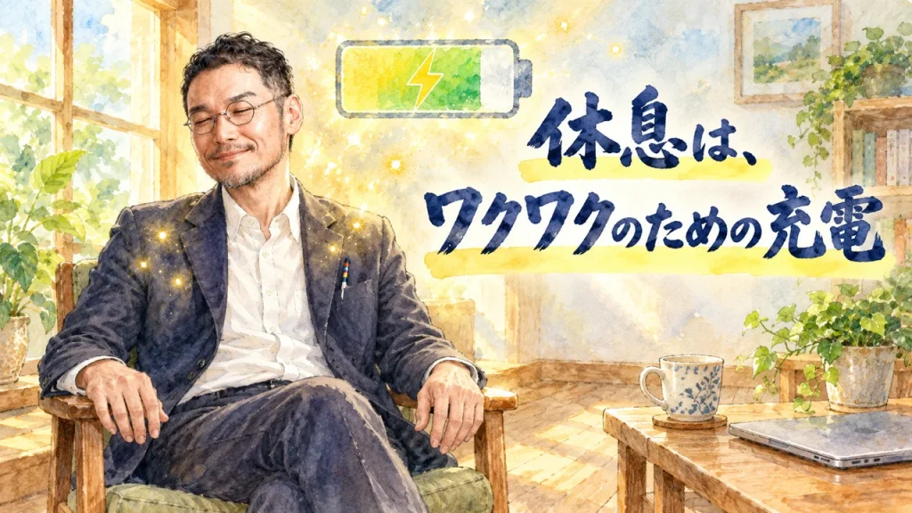 水彩画。窓辺の木の椅子で目を閉じてひと休みするひろくんと、稲妻つきの手描きの電池。「休息は、ワクワクのための充電」の文字。