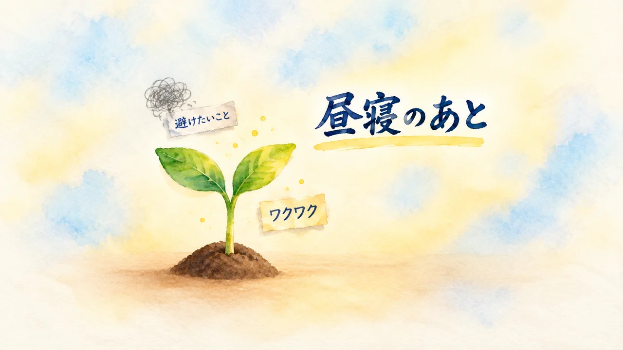 水彩画。土から伸びる双葉と、「避けたいこと」「ワクワク」と書かれた二枚のふせん。「昼寝のあと」の文字。