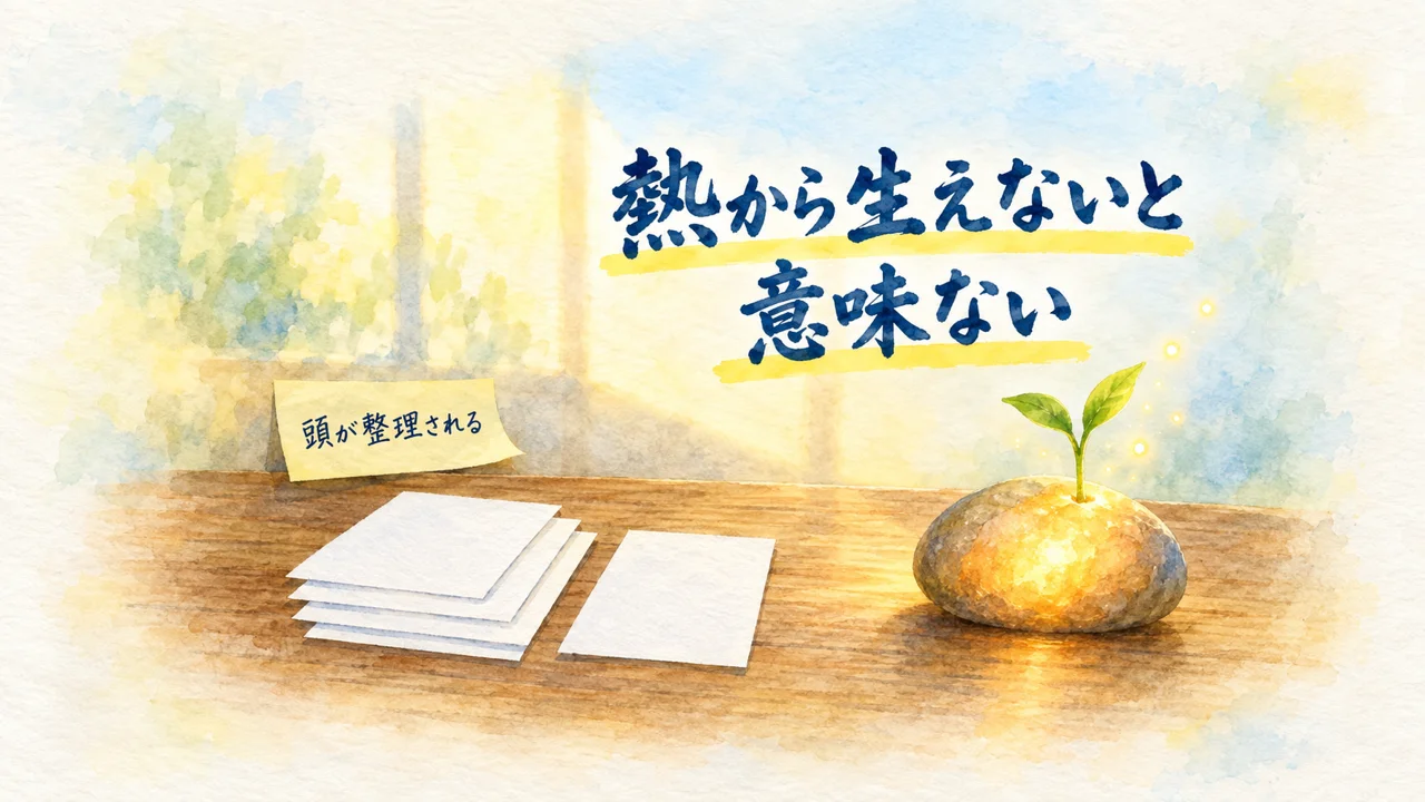 水彩画。窓辺の机に、重ねた紙と一枚の紙、「頭が整理される」と書いたふせん、芽の出た光る石。「熱から生えないと意味ない」の文字。