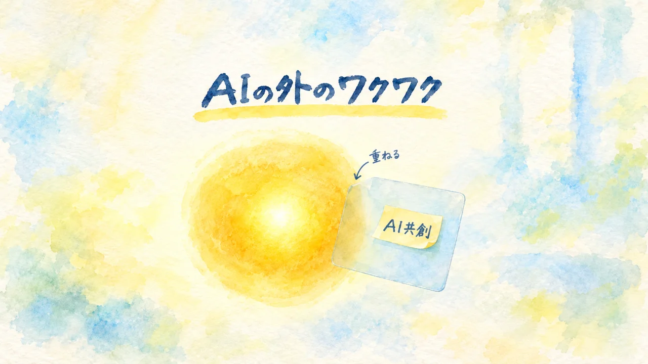 水彩画。黄色く光る丸に、「AI共創」と書いたふせんつきの透明な板を重ねる絵。「AIの外のワクワク」の文字と「重ねる」の書き込み。