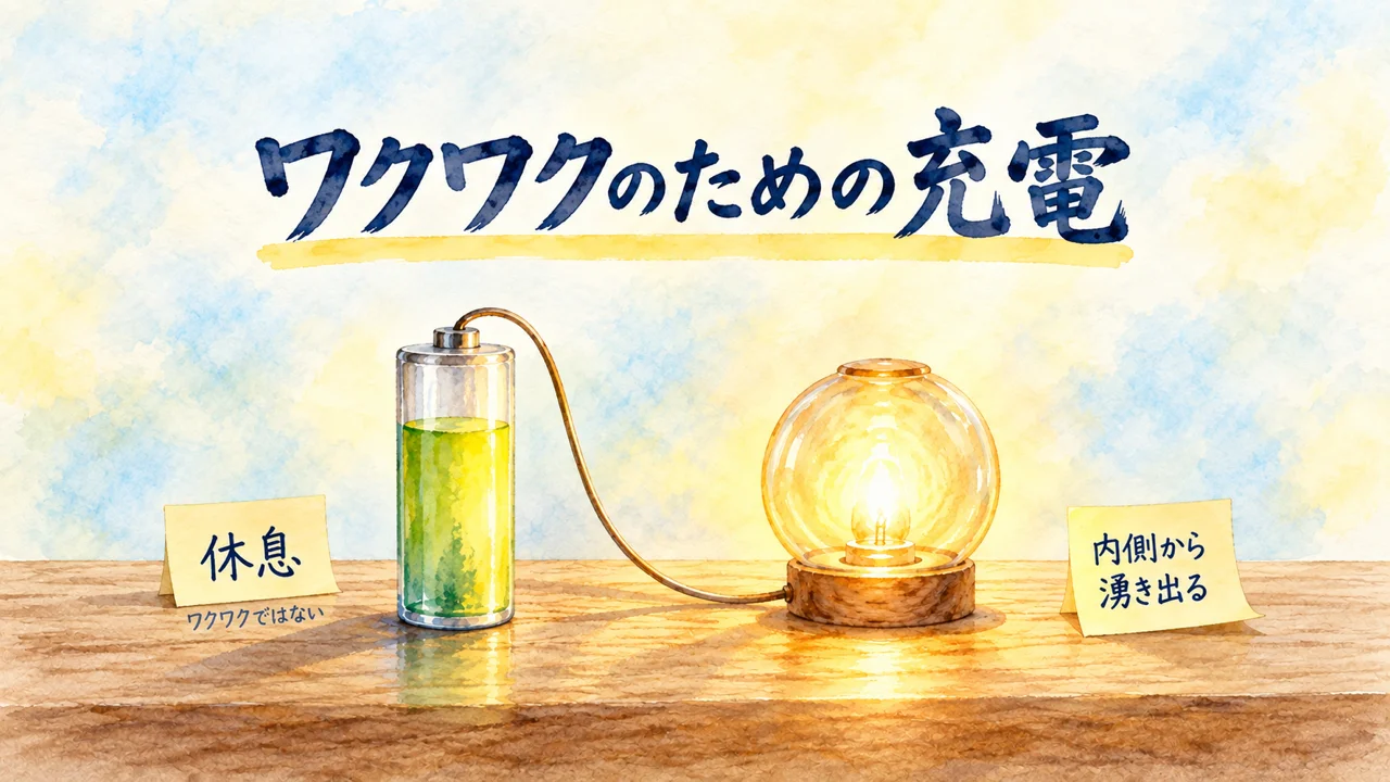 水彩画。緑の液体が入った電池と、コードでつながった光る電球、「休息」「ワクワクではない」「内側から湧き出る」のふせん。「ワクワクのための充電」の文字。