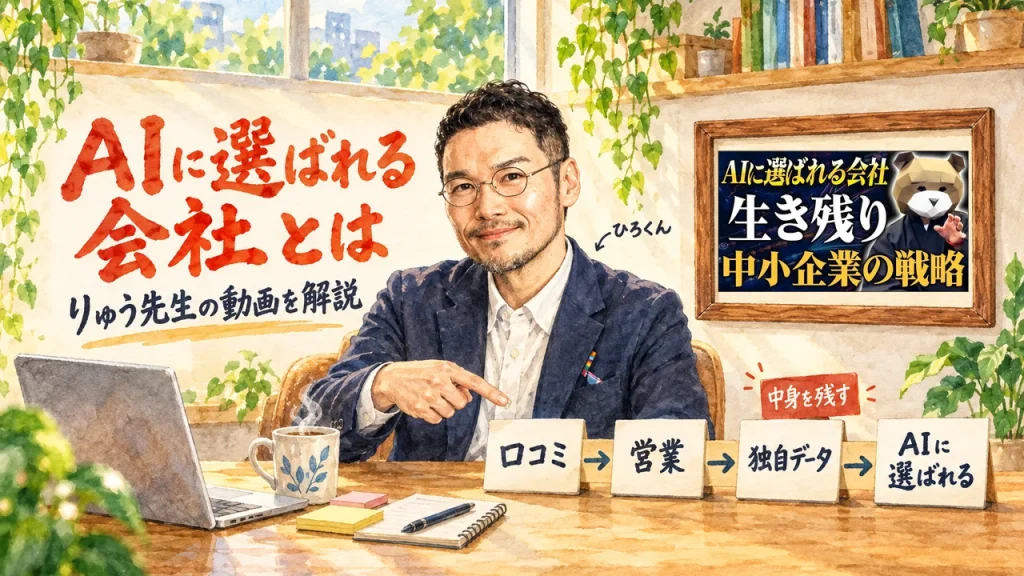 ひろくんが机の前で「口コミ」「営業」「独自データ」「AIに選ばれる」の4枚の札を指さし、「独自データ」の札の脇に「中身を残す」の札が立つアイキャッチ。右上の額縁に『動画のサムネイル』（マーケティング侍の非常識なビジネス学の動画）。題字は「AIに選ばれる会社とは」りゅう先生の動画を解説