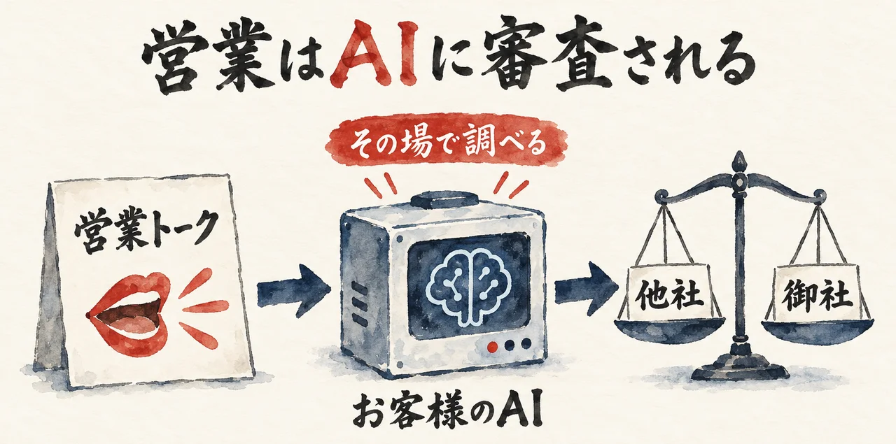 「営業トーク」の札から「お客様のAI」の箱へ、さらに「他社」と「御社」を載せた天秤へ矢印が進み、箱の上に「その場で調べる」の札がある図解