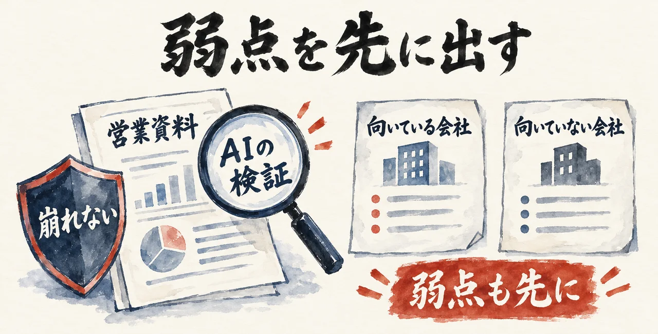 「営業資料」を虫眼鏡「AIの検証」で調べ、盾「崩れない」が守る。右に「向いている会社」「向いていない会社」の2枚の紙と、朱色の札「弱点も先に」がある図解