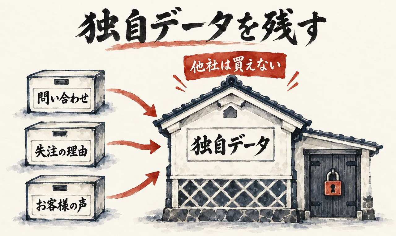 「問い合わせ」「失注の理由」「お客様の声」の3つの箱から、蔵「独自データ」へ矢印が向かい、朱色の札「他社は買えない」が蔵の上にある図解