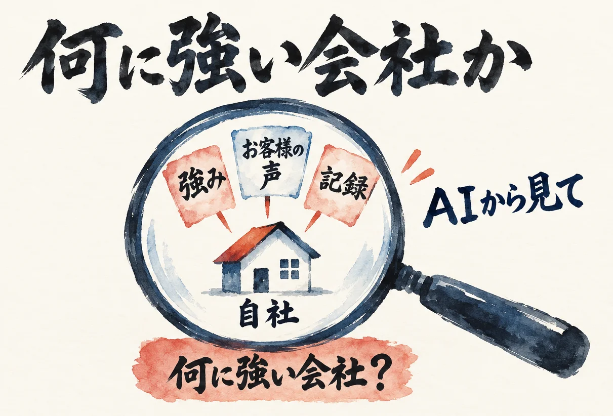 虫眼鏡「AIから見て」の中に家「自社」があり、「強み」「お客様の声」「記録」の3枚の札が家に向かう。下に朱色の札「何に強い会社？」がある図解