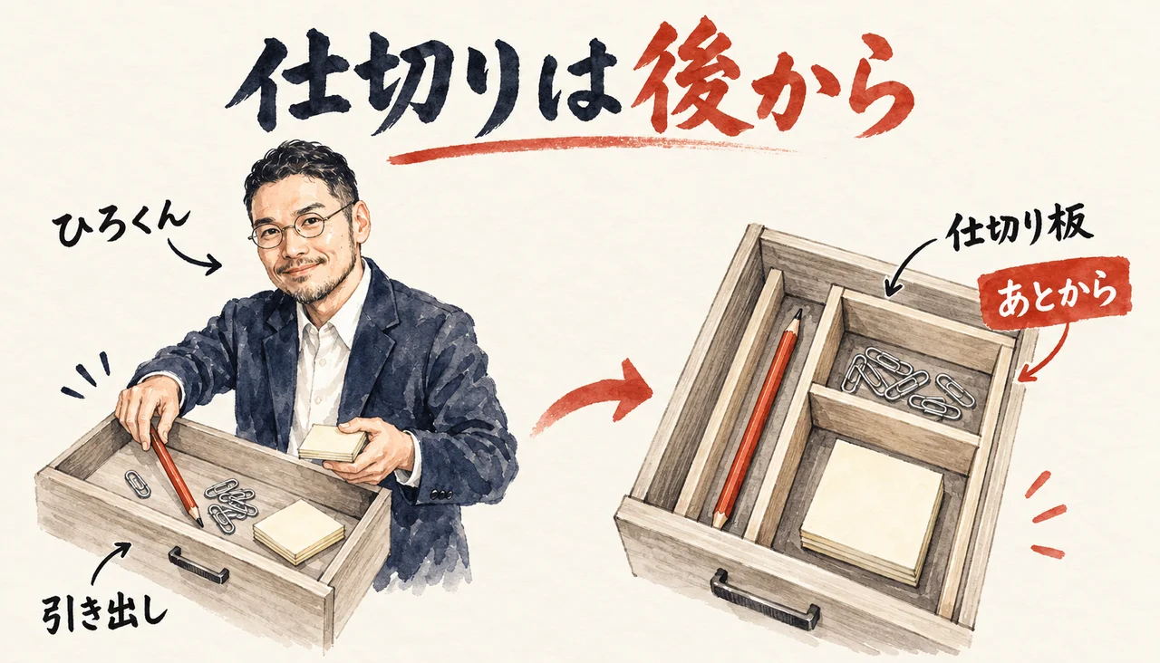 ひろくんが引き出しを開け、あとから仕切り板を入れて鉛筆・クリップ・付箋を分ける図解