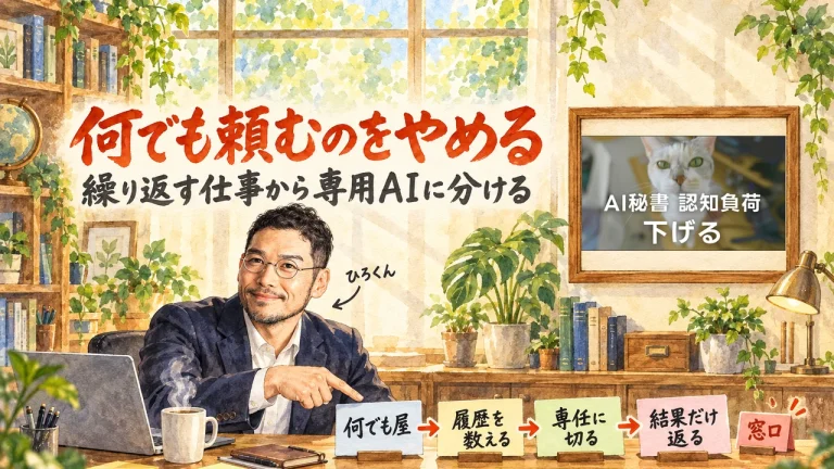 ひろくんが机の前で、「何でも頼むのをやめる」の札を指さすアイキャッチ。右上の額縁に元動画のサムネイル「AI秘書 認知負荷 下げる」。壁に動画のサムネイル