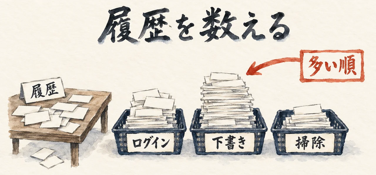 机の上の履歴を、ログイン・下書き・掃除の3つのかごに分けて多い順に数える図解