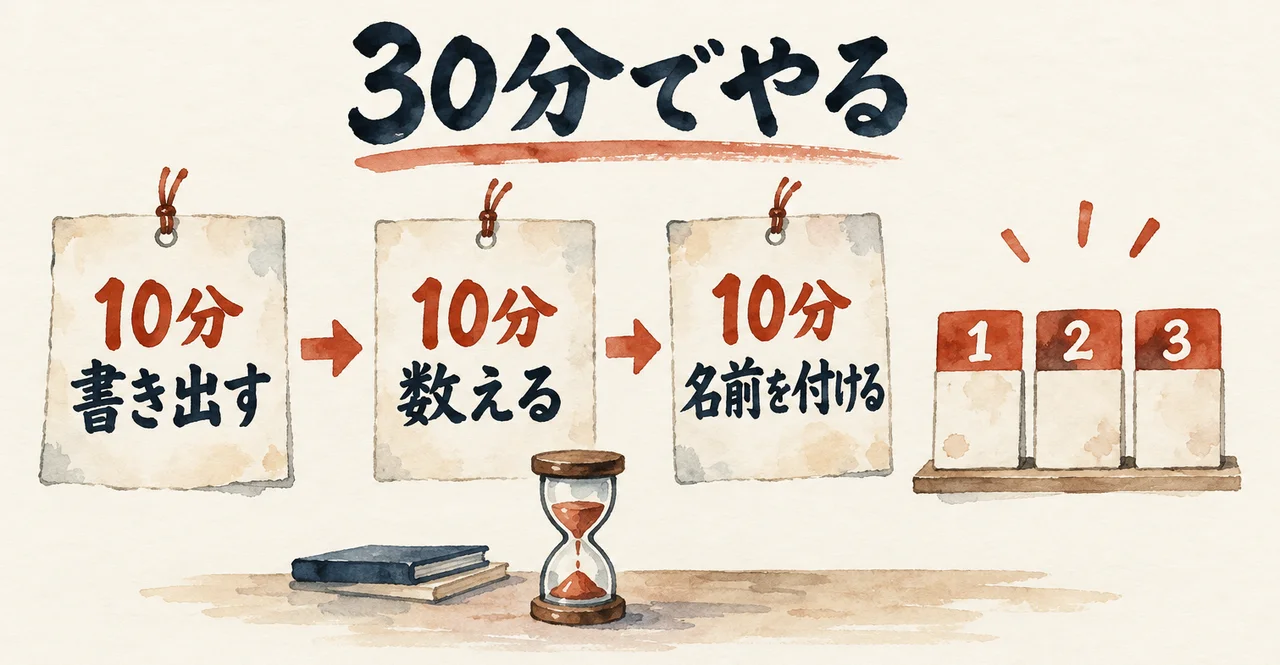 10分で書き出す、10分で数える、10分で名前を付ける、の3枚の札と砂時計で描いた30分の図解