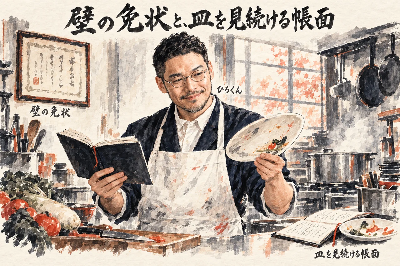 白い前掛けのひろくんが、開いた帳面と空いた皿を持ち、左の壁に飾った免状と、右の台の帳面を見比べているコラム図解