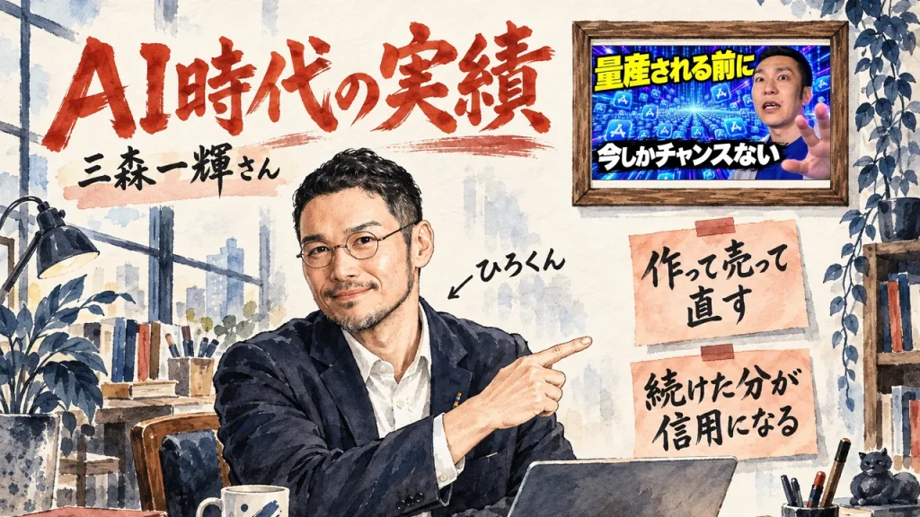 AI時代の実績と三森一輝さんの話を紹介するひろくんと、壁に動画のサムネイルを飾った額縁