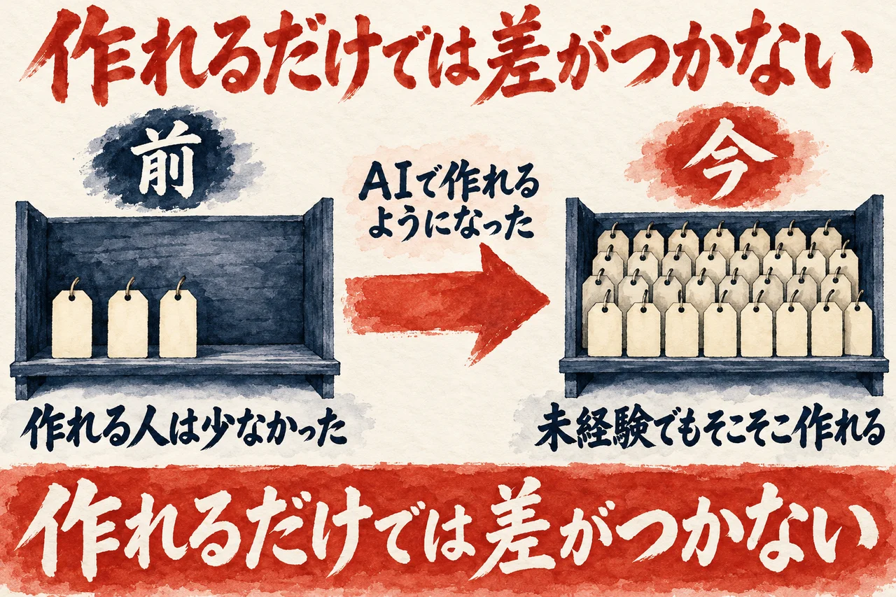 前は作れる人が少なく、AIで未経験でもそこそこ作れる今は、作れるだけでは差がつかないことを、棚に並ぶ札の数の違いで示した図解