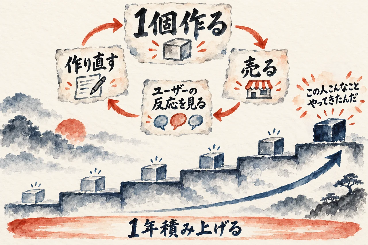 1個作る、売る、ユーザーの反応を見る、作り直すを回し、1年積み上げると「この人こんなことやってきたんだ」になる流れを示した図解
