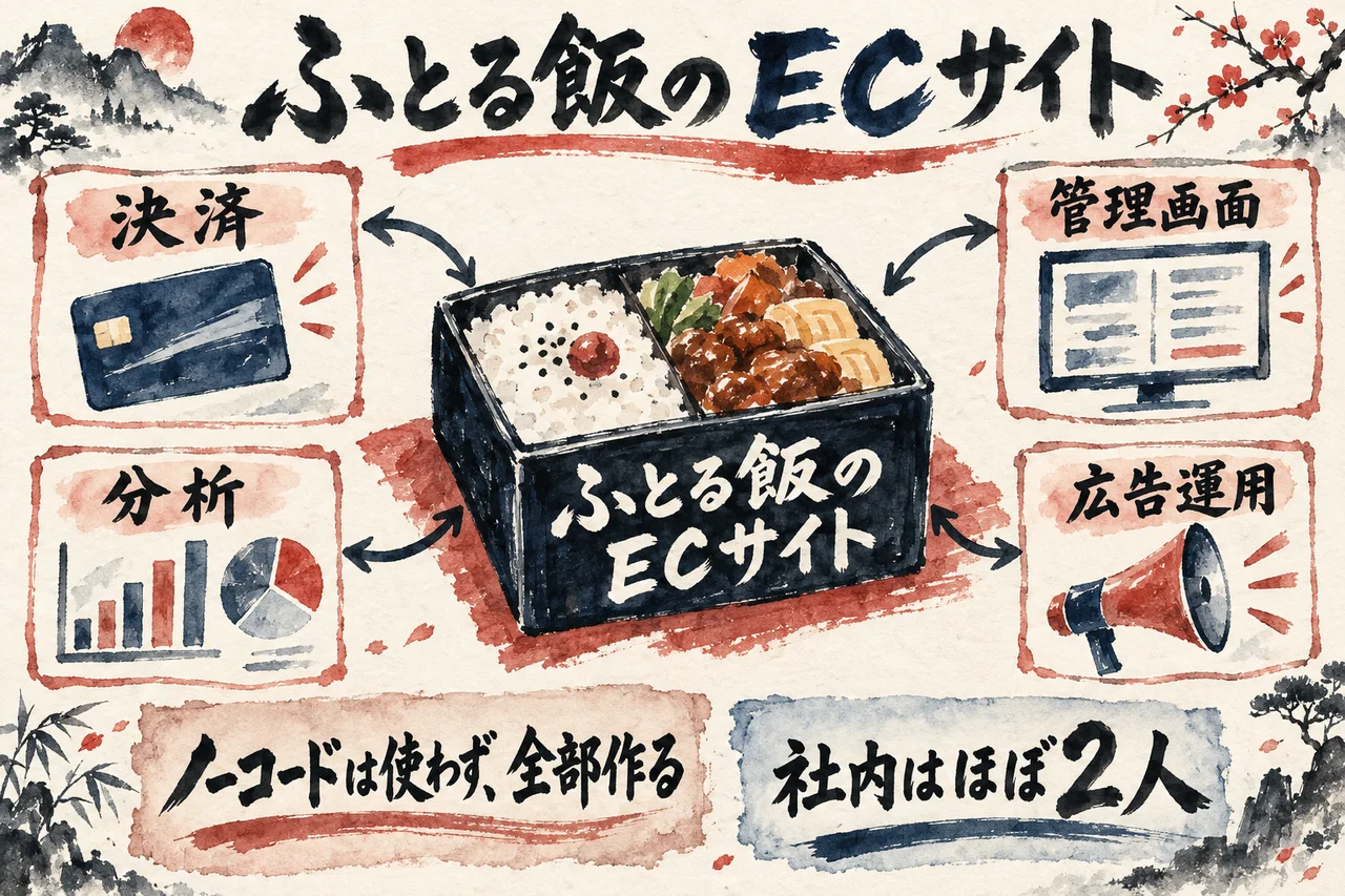 ふとる飯のECサイトを中心に、決済、管理画面、分析、広告運用を全部AIで作り、ノーコードは使わず、社内はほぼ2人であることを示した図解