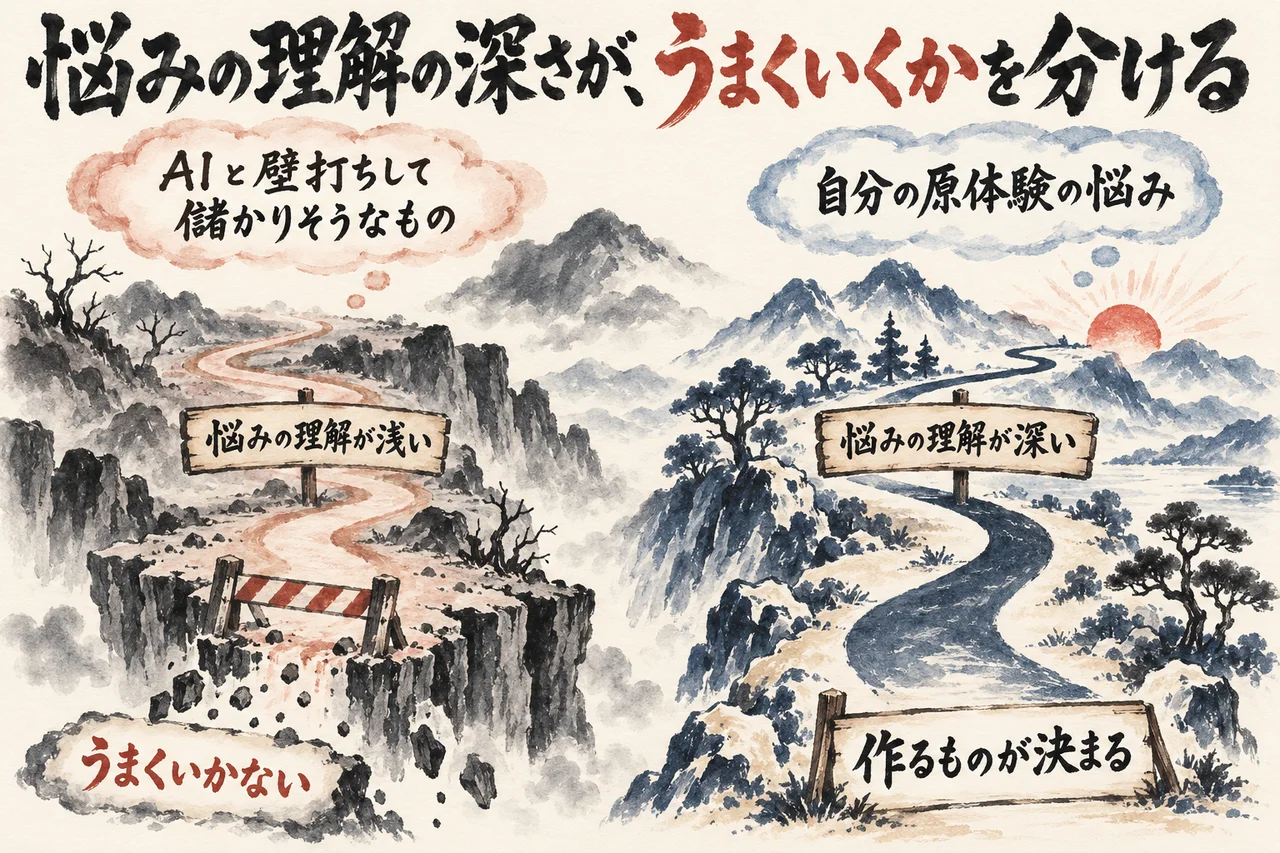 AIと壁打ちして儲かりそうなものを考えると悩みの理解が浅くうまくいかず、自分の原体験の悩みなら理解が深く、作るものが決まる2つの道を示した図解