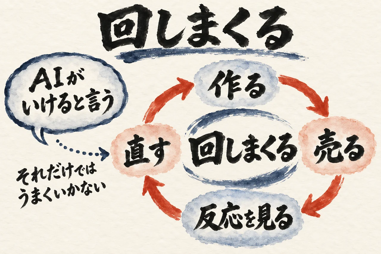 作る、売る、反応を見る、直すの輪を回しまくることが大事で、AIがいけると言うだけではうまくいかないことを示した図解