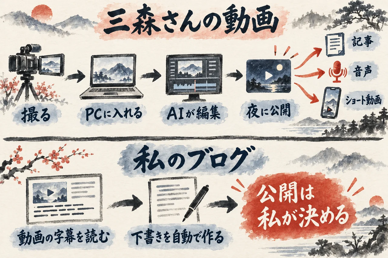 三森さんの動画は撮ってPCに入れるとAIが編集して夜に公開され、記事・音声・ショート動画にも広がる。私のブログは下書きまで自動で、公開は私が決めることを上下に並べた図解