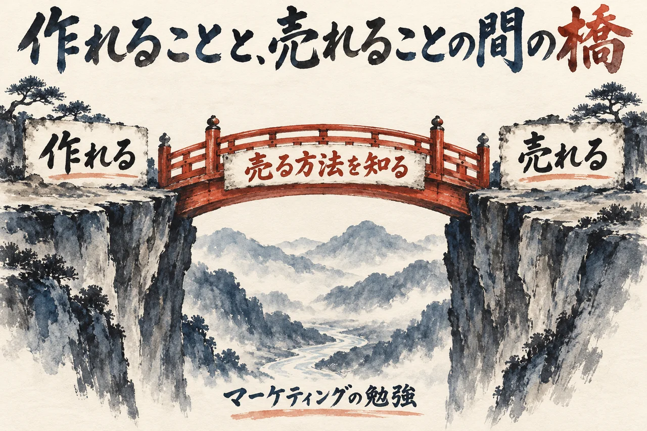 作れるだけでは売れず、作れるの崖と売れるの崖の間に、売る方法を知るという橋がかかることを示した図解