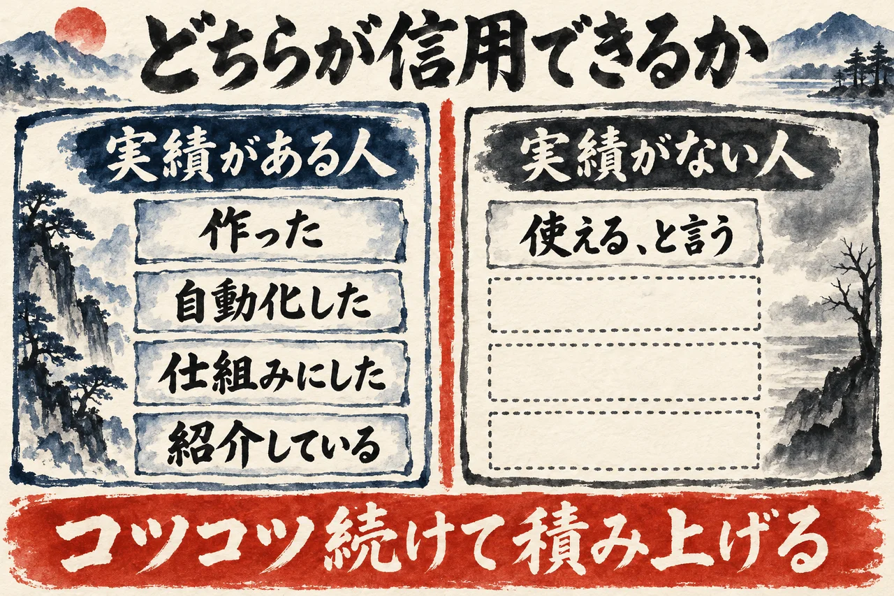 実績がある人は作った、自動化した、仕組みにした、紹介していると積み上がり、実績がない人は使えると言うだけで、コツコツ続けた差が信用になることを左右に並べて示した図解